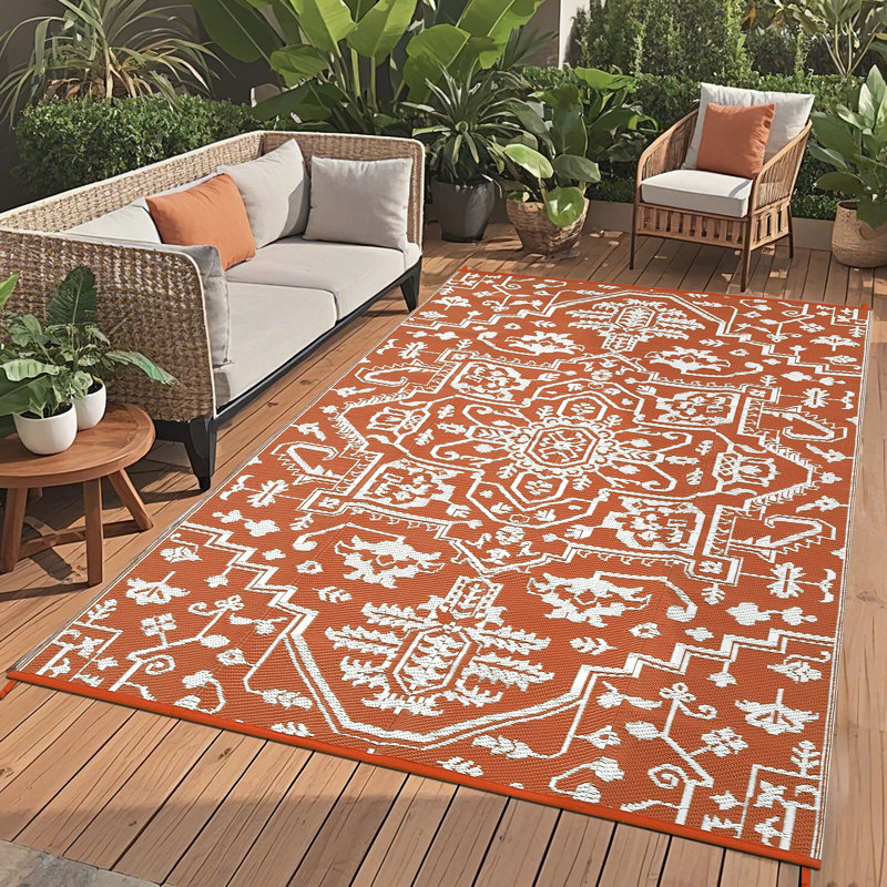 Waterproof Outdoor Rug Reversible Plastic Straw Patio Rug, UV-Resistant Vintage Medallion Carpet, Large Outside Mat for Patio, Deck, Porch