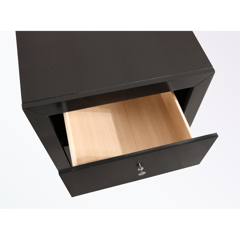 Table de chevet avec deux tiroirs et poignées en métal, Noir