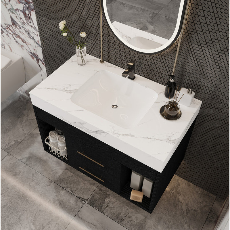 Ensemble de meuble-lavabo mural flottant 29,9 po, Noir