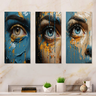 Yellow And Blue Woman Eye Expressionism I - Eye Portrait Metal Prints Set Of 3