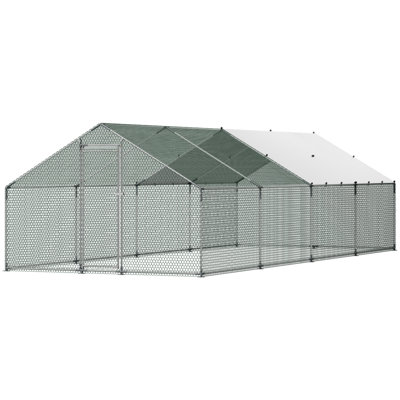 Grand poulailler en métal, 9,8 x 26,2 x 6,6 pi, poulailler avec couvercle imperméable, enclos de poulailler avec toit Spire, avec enclos, enclos extérieur pour poules et cages