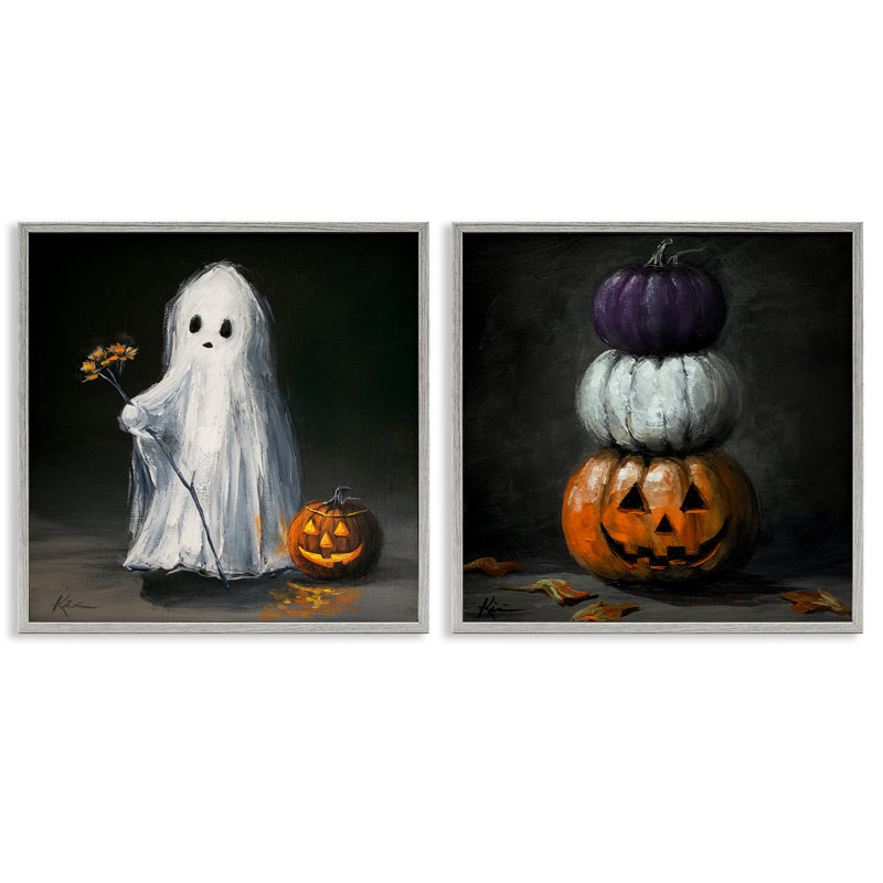 Ensemble de 2 giclées vintage d'Halloween fantôme et citrouille empilées, design par Lindsay Kivi Fine Art, H 24 po x l 24 po