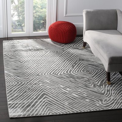 Abenamar Hand Woven Banana Art Silk Cotton Abstract Rug in Gray
