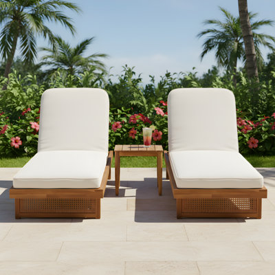Steven Patio 3-Piece Acacia Wood Chaise Lounge & Slat Side Table Set With Adjustable Backrest & Cushion