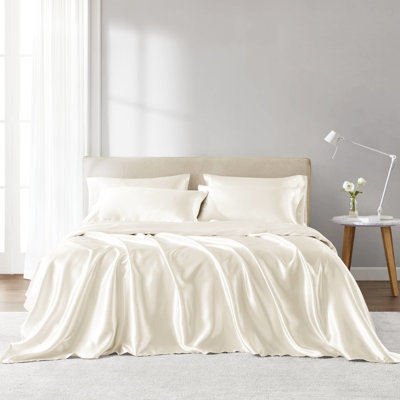 Ensemble de draps de luxe 100% satin 4 pièces - froissé, ajusté pour les matelas de 16 po, doux pour les cheveux, boulochage, taies d'oreiller à bout ouvert, aide à éviter les frisottis, réduit la casse, texture lisse, douceur et douceur