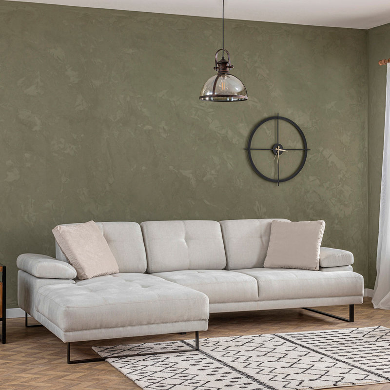 Stylish Corner Sofa, Beige, 68.5 x 123.6 x 32.7 inches | Durable Beech Wood & Chipboard Frame, 100% Polyester Fabric | Adjustable Arm Mechanism, Movable Backrest, Fixed Cushions | Elegant Industrial Design with Matt Black Metal Legs