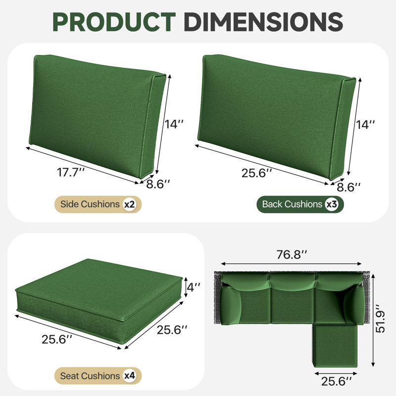 9 housses de coussin de patio de 4 po d'épaisseur 9 pièces - Remplacement hydrofuge pour canapé modulaire 4 places, Vert