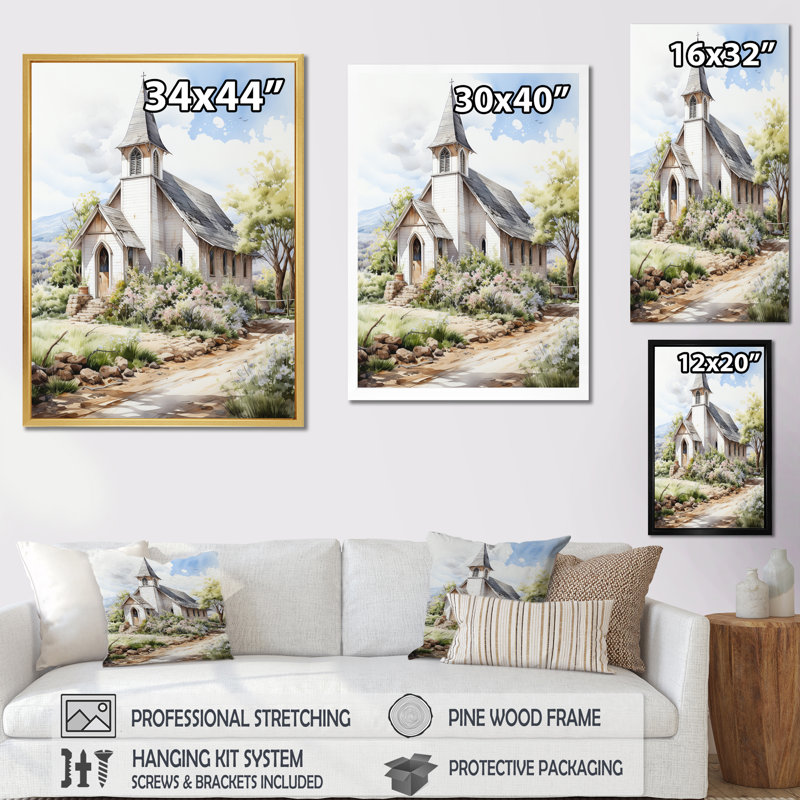 Aquarelle de la chapelle de mariage blanc au printemps rustique, H 44 po x l 34 po, Cadre naturel flottant