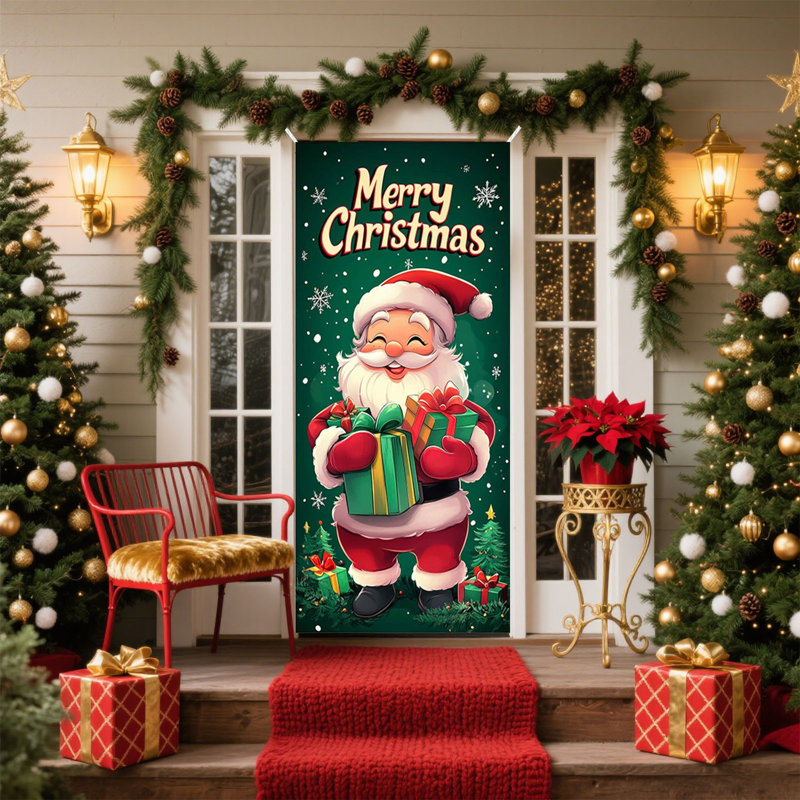 Housse de porte de Noël 35 X 71 pouces - Motif du Père Noël - Décoration de porte de Noël - Décoration de fête, E