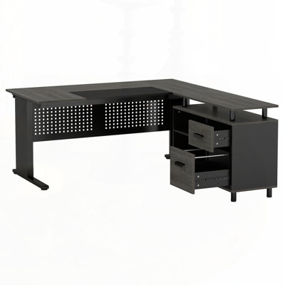 63" L-Shaped Executive Desk With File Cabinet