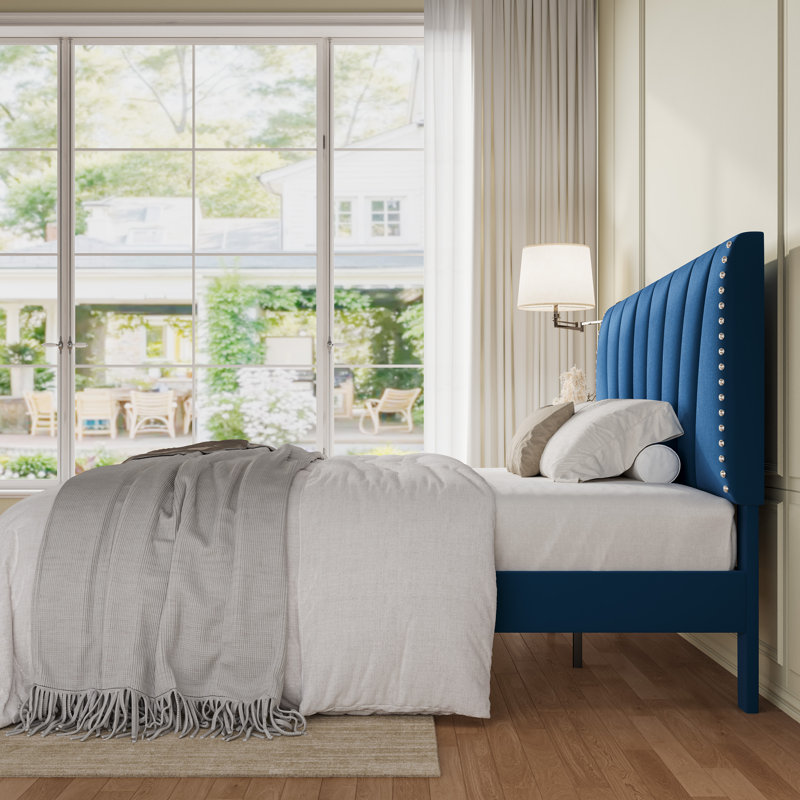 Velvet Upholstered Platform Bed Frame With Tufted Headboard And Nailhead Trim, Adjustable Height, No Box Spring Needed, Blue