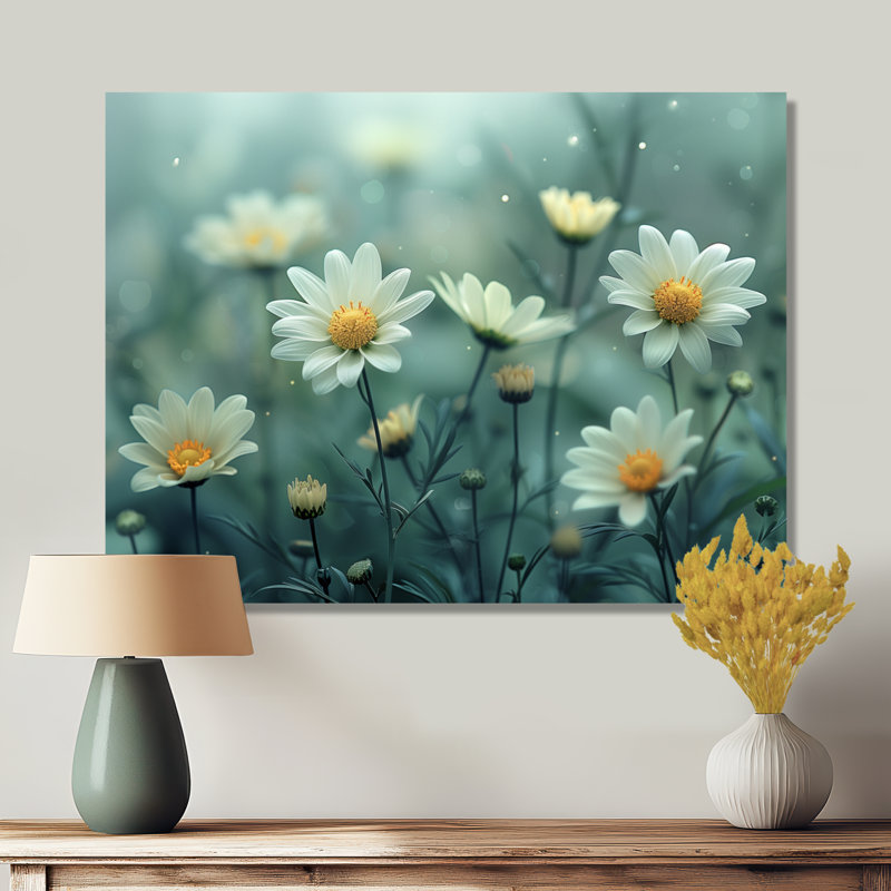 Nirvana blanc et blanc - marguerites, art mural, H 12 po x l 20 po x P 1 po, Toile tendue
