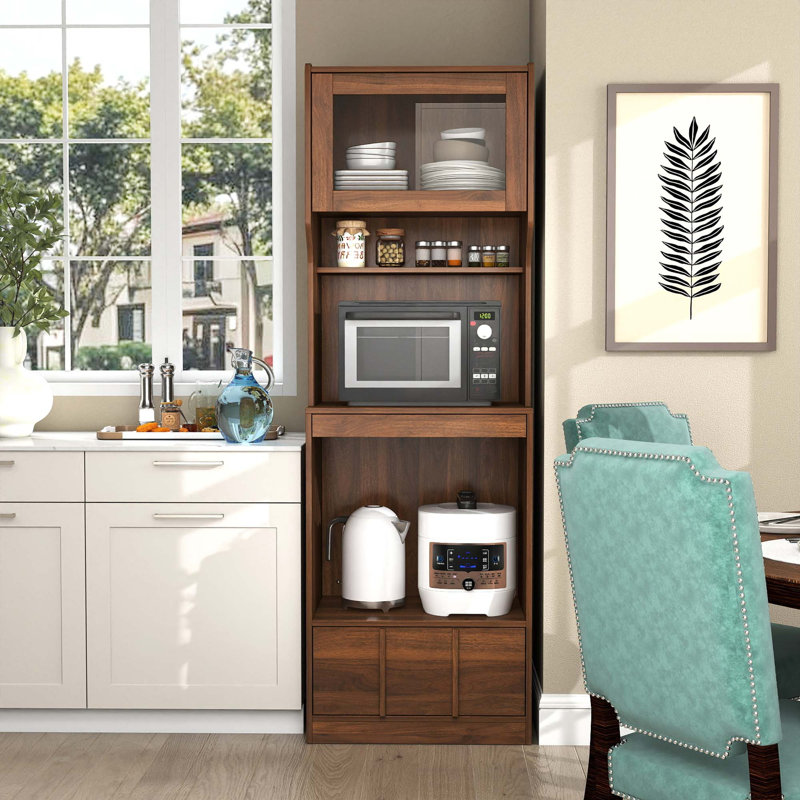 Armoire à vin avec porte et tiroir en verre, crédence de bar avec tablettes ouvertes à 3 niveaux et armoire