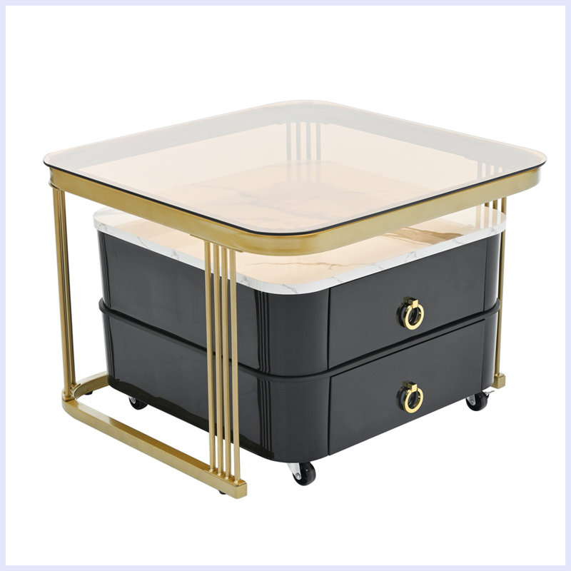 2-in-1 Square Nesting Coffee Table with Wheels & Drawers, Stackable Side Table with High Gloss Marble Grain Top, End Table Set with Brown Tempered Glass for Living Room