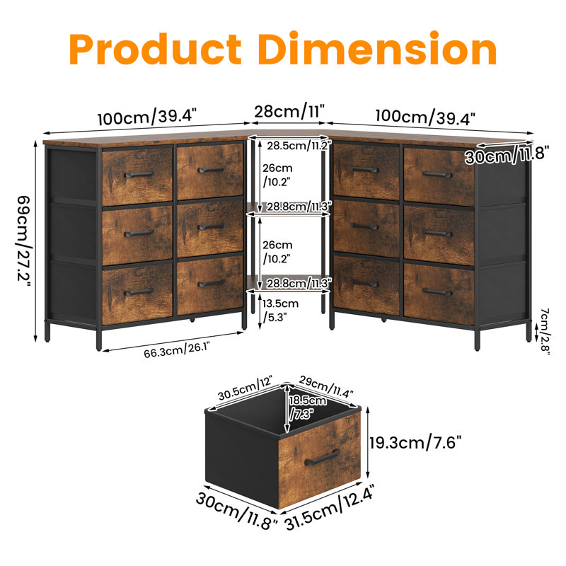 100 cm W Chest of 12 Drawers, Rustic Brown