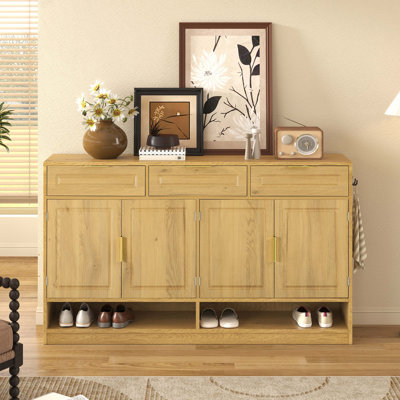 Farmhouse Sideboard With 3 Drawers & 4 Doors,59.1" Multi-Functional Storage Buffet With Adjustable Shelf And Open Storage Compartments, Suitable For Dining Room, Living Room, Entryway