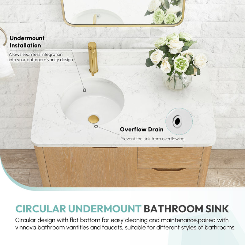 Marseille Ceramic Circular Undermount Bathroom Sink with Overflow in White