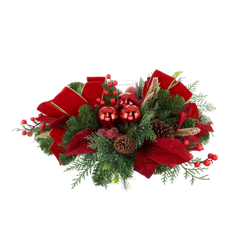 Holiday Candle Holder with Evergreen and Ornaments