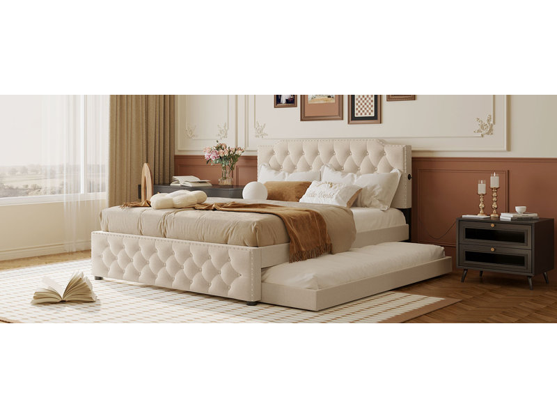 Lit plateforme tapissier avec lit gigogne et 2 ensembles de ports USB de chaque côté, tissu en lin, Beige