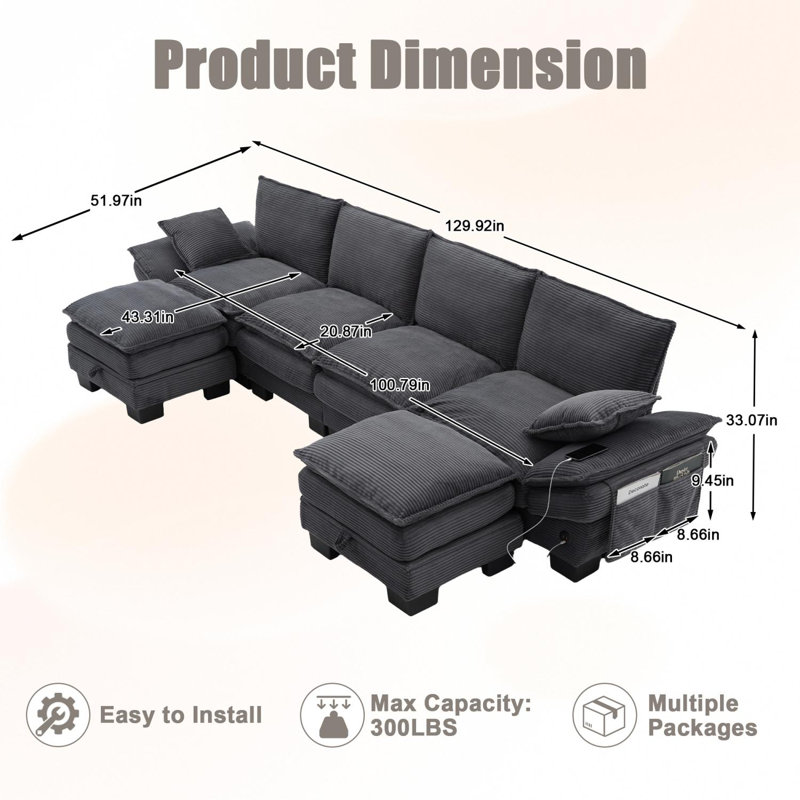 Canapé modulaire modulaire avec rangement et poches pour téléphone, Gris