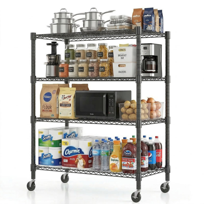 Yelena 90cm W Metal Shelving Unit with Wheels, Black, 183cm H x 90cm W x 45cm D