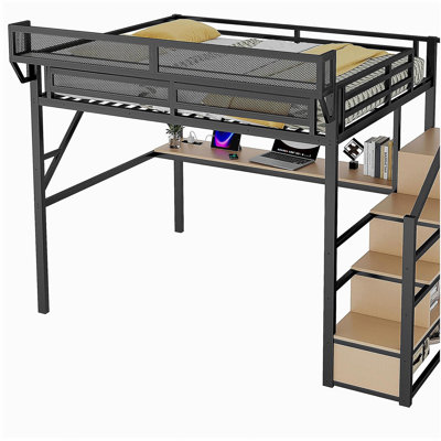 Grand lit mezzanine avec bureau et station de charge, grand lit mezzanine en métal avec escalier et lumière pour enfants adolescents, noir, produits brevetés