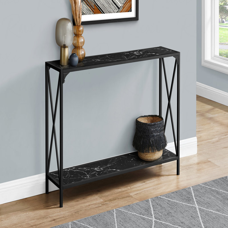Narrow Sofa Console Table, Accent Entryway Living Room Bedroom, Black Marble Look Black Metal Contemporary Modern
