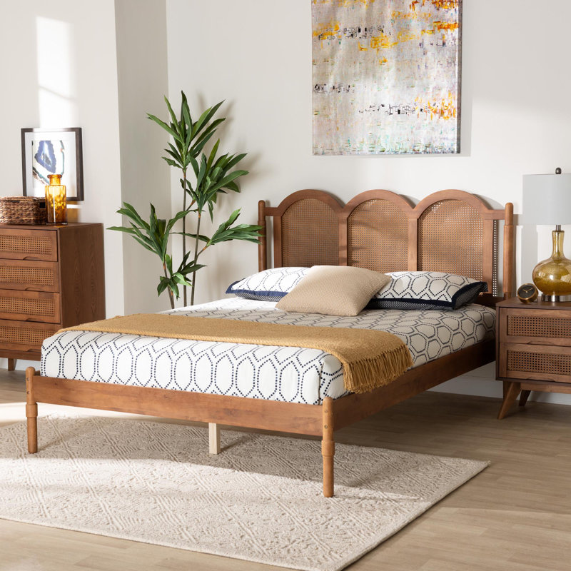 Walnut Brown Wood Queen Platform Bed with Woven Rattan Headboard