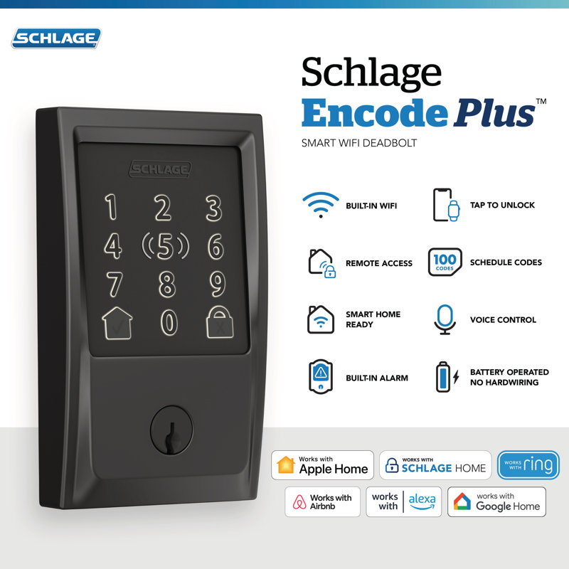 Encode Plus Smart Wifi Deadbolt With Century Trim, Matte Black