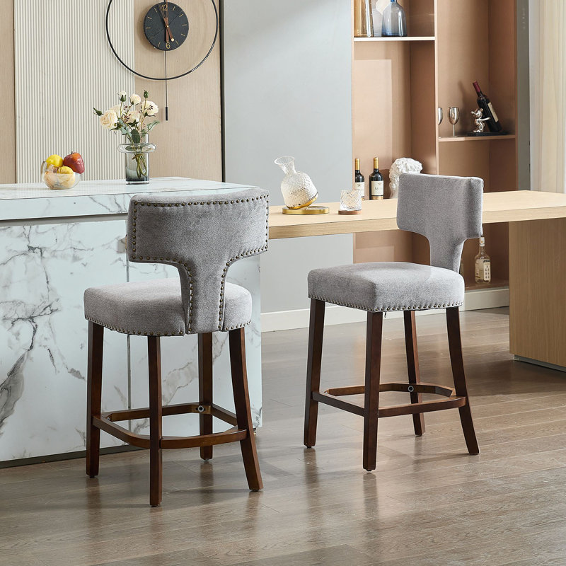 Ensemble de tabourets de bar à hauteur de comptoir de style Mid-Century, chaises d'appoint rembourrées en tissu de lin de ferme avec dossier incurvé et clous en cuivre, idéal pour les cuisines