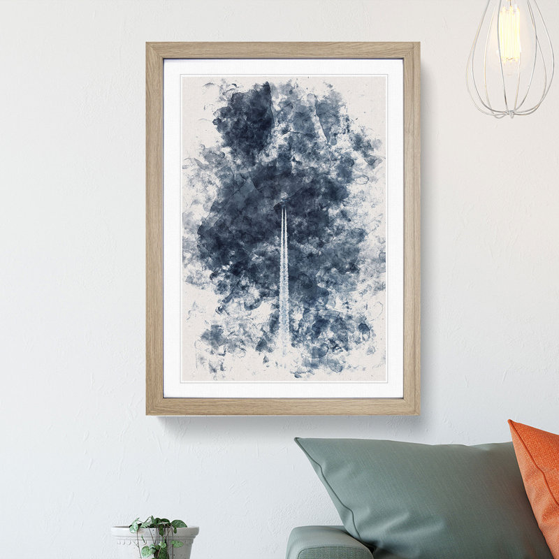 Contrails From The Airplane Watercolour - Picture Frame Graphic Art, 45cm H x 33cm W x 2cm D, Oak Framed