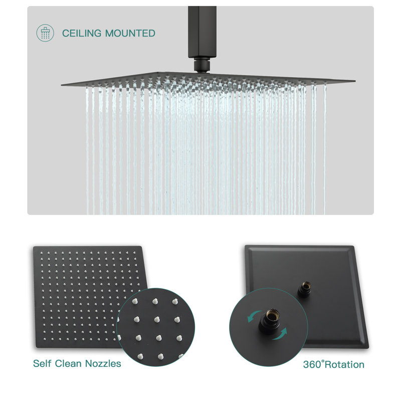 Matte Black 12" Ceiling Mounted Rain Shower System with Handheld Spray