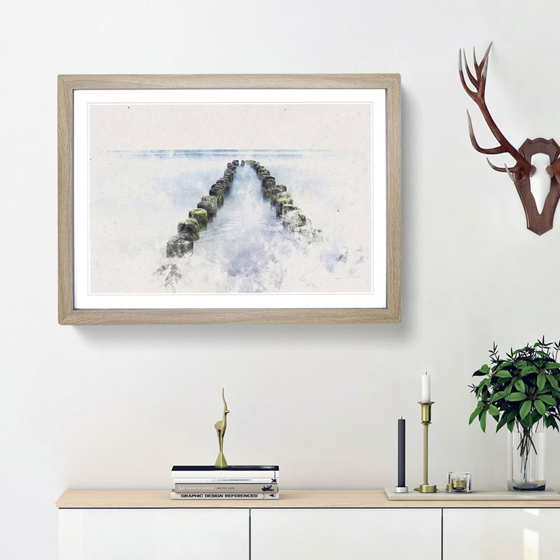 Breakwater in the Baltic Sea - Picture Frame Graphic Art Print, 40cm H x 60cm W x 2cm D, Oak Framed