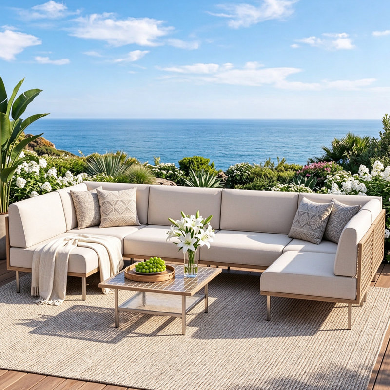 Ensemble de conversation pour patio 7 pièces, canapé modulaire en rotin PE avec coussins beiges lavables, table en verre trempé