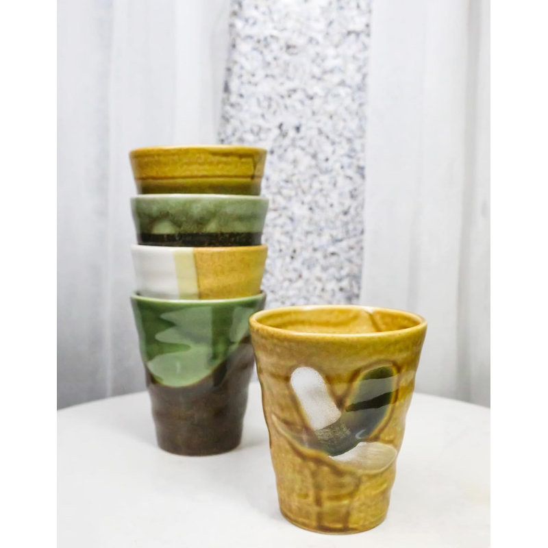 Ensemble de 5 tasses à thé en céramique émaillée abstraite Tenmoku 10 oz fabriquées au Japon