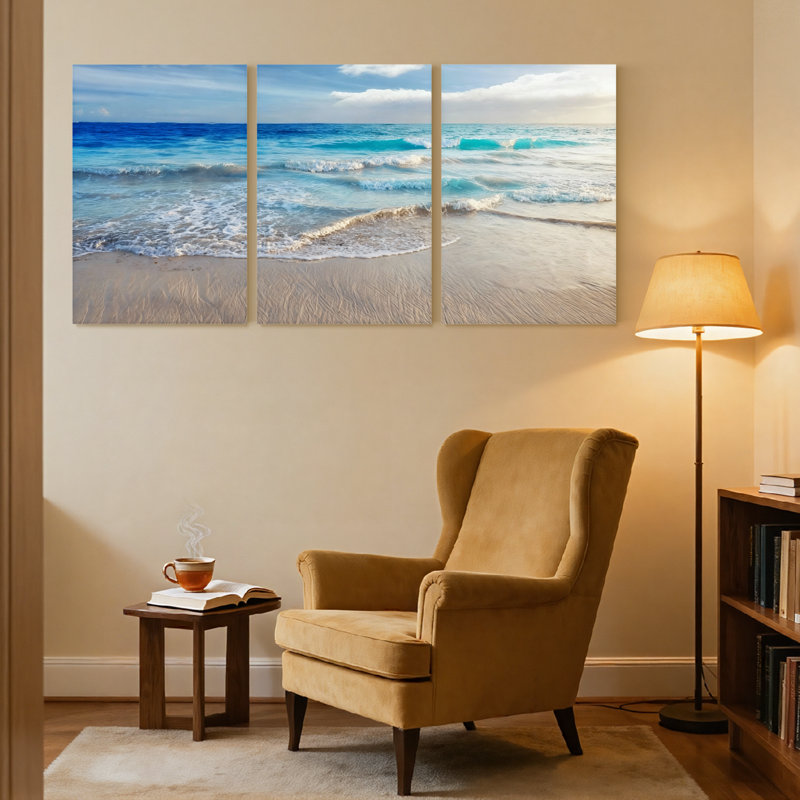 Plage, océan, vagues, plage, ciel, sable, horizon, soleil, bleu, ensemble de 3 impressions sur toile, H 24 po x l 48 po