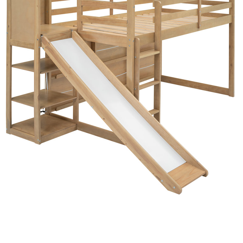 Lit mezzanine simple en bois avec glissoire, tablettes de rangement et rampe d'escalade, couleur bois, Wood