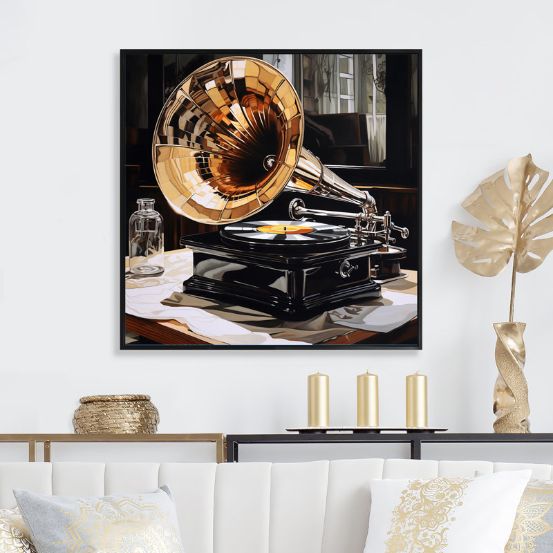 " Gold Black Phonograph Reflections ", Black Floater Framed, 16" H x 16" W x 1" D