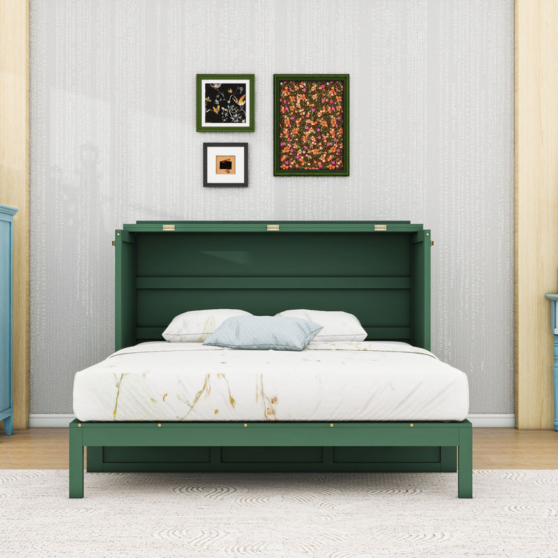 Lit escamotable avec tiroirs de rangement et lattes, Vert, Queen