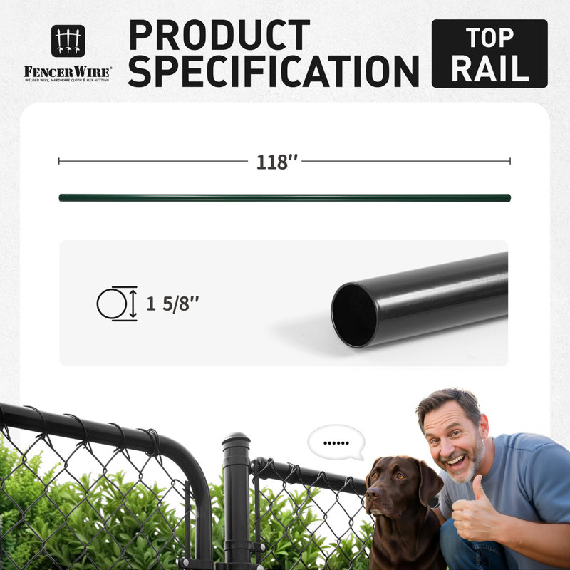 Rail supérieur de clôture 1-5 / 8 po, tuyau galvanisé noir thermolaqué de 10 pi pour la clôture à maillons de chaîne, pièces de maillon de chaîne, quincaillerie, accessoires, simple