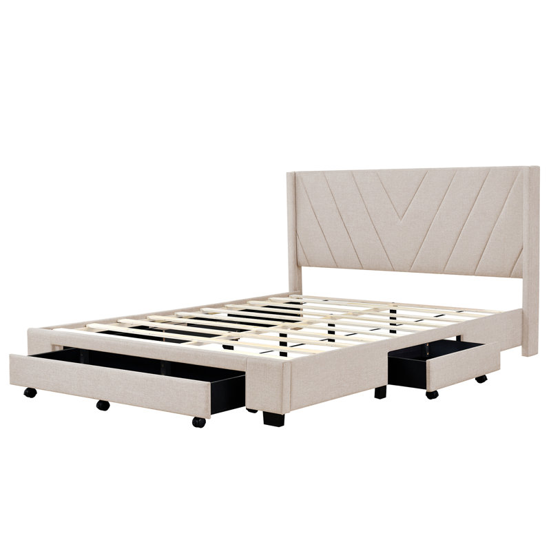 Daleb Modern Storage Upholstered Platform Bed with 3 Drawers,Bed Frame, Beige