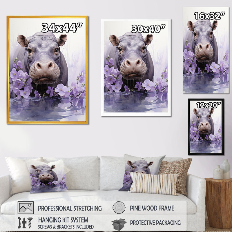 Art floral hippopotame mystique 2 - Hippopotame, Toile tendue, H 44 po x l 34 po x P 1,5 po