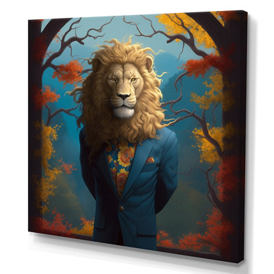 Lion jaune et bleu en costume sur toile