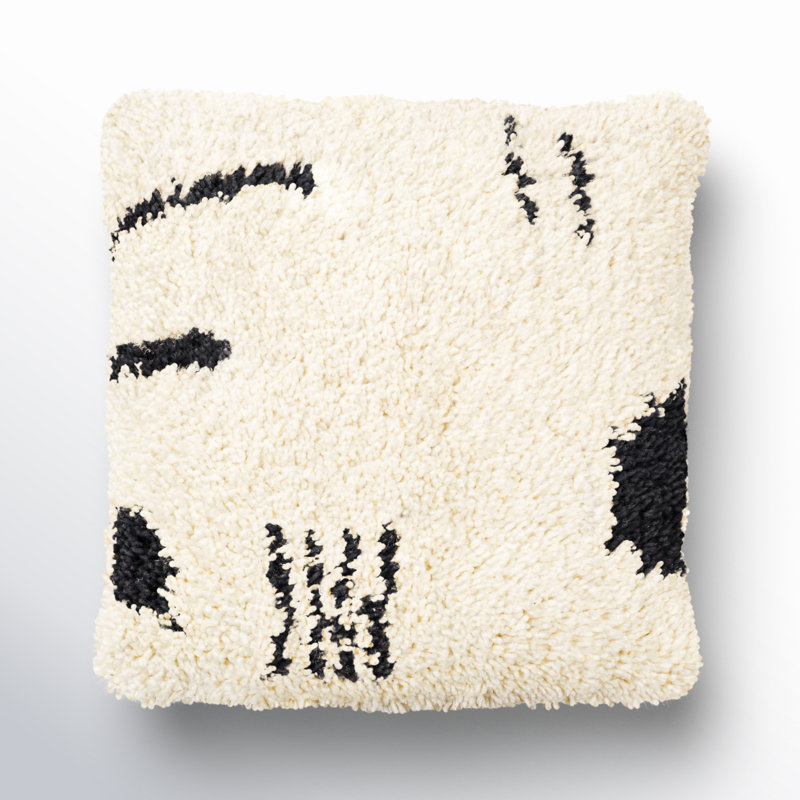 Umar Geometric Wool Blend Throw Pillow, Down, 22" x 22", Ivory/Black