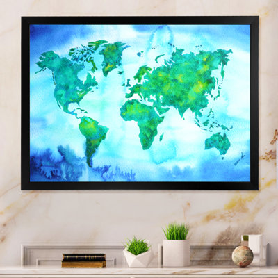 «World Map Blue Green Tone III», reproduction sur toile flottante