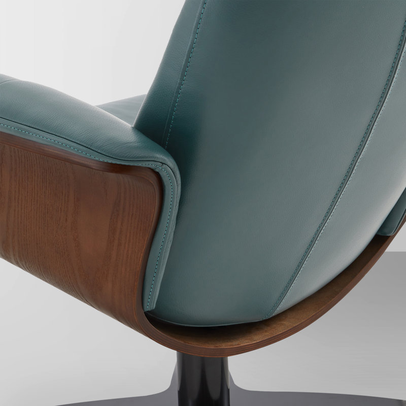 Genuine Leather Reclining Swivel Chair And Ottoman, Teal