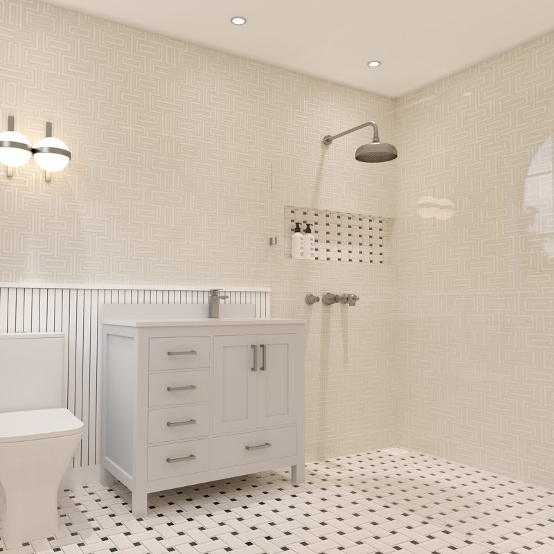 Rooh 36 Bathroom Vanity Set with White Quartz Countertop and Brass Faucet, White