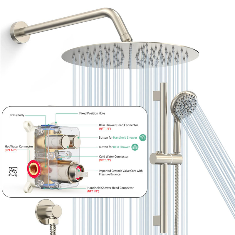 10 Inch Rainfall Shower Head With Handheld Combo Set With Slide Bar, Brushed Nickel