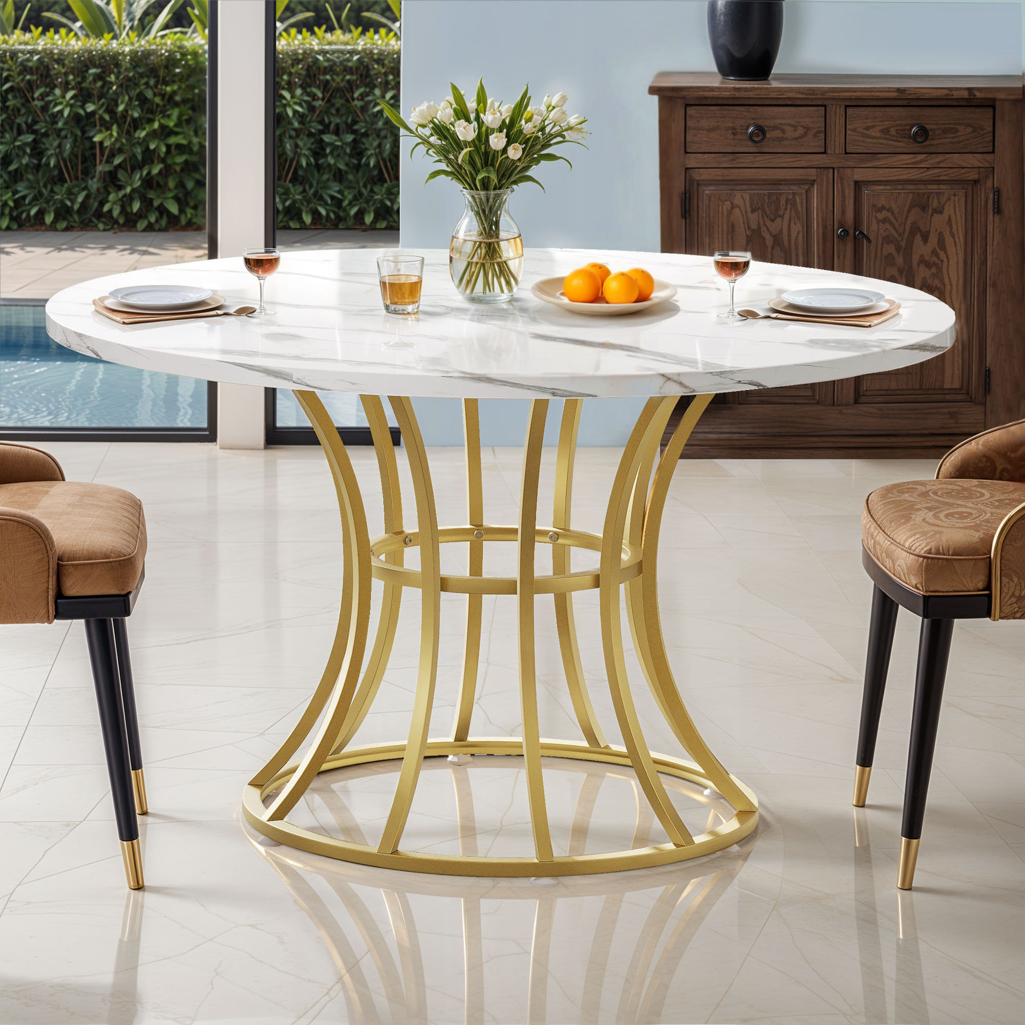 Mercer41 Modern Round Dining Table with Gold Metal Base - Wayfair Canada