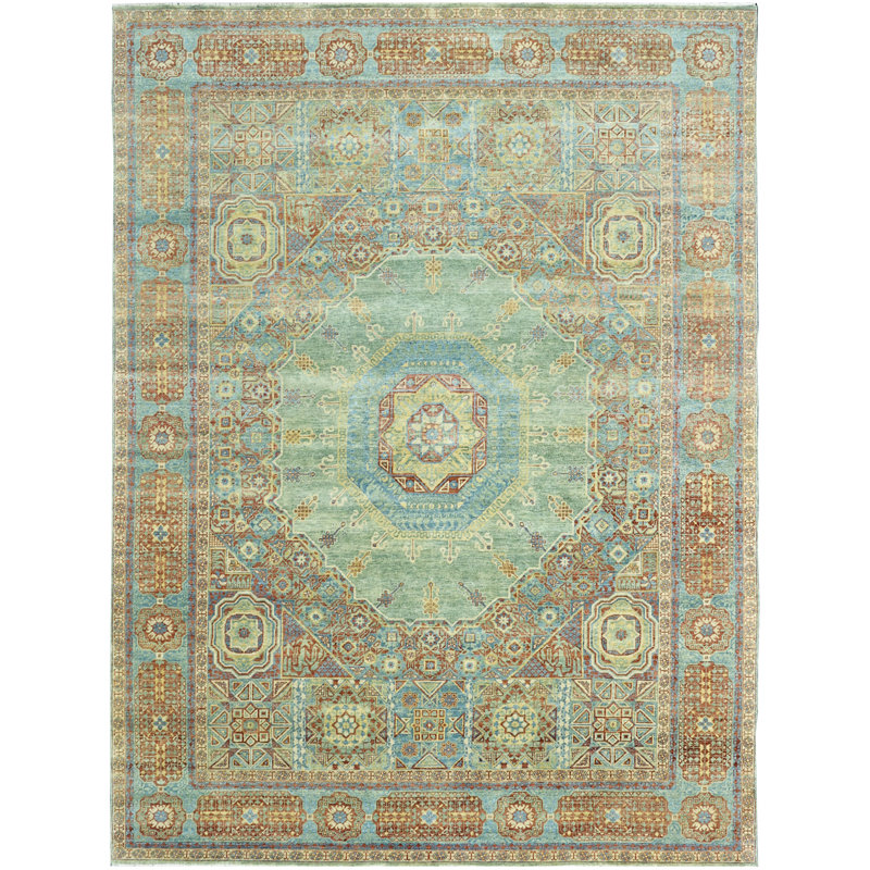 Tapis vert et bleu noué à la main de haute qualité, Rectangle de 5 pi x 8 pi